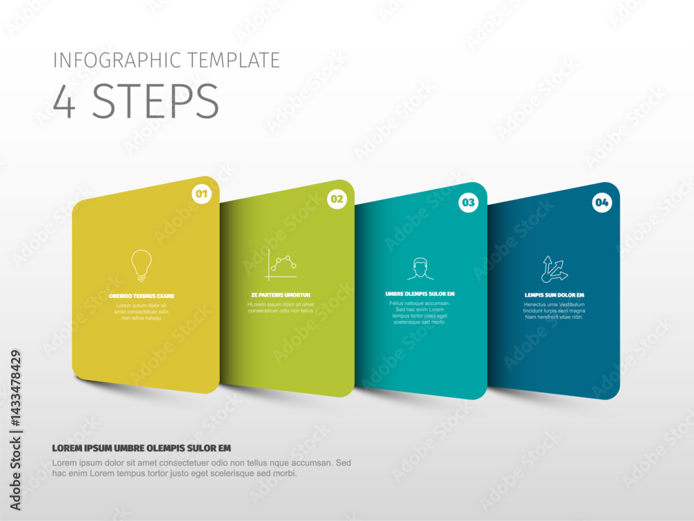 Poster a clean infographic template showing four steps in distinct color blocks with icons and text. the la
