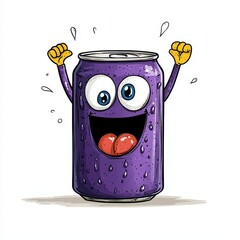 Obraz premium Playful Purple Soda Can Cartoon Character Celebrates