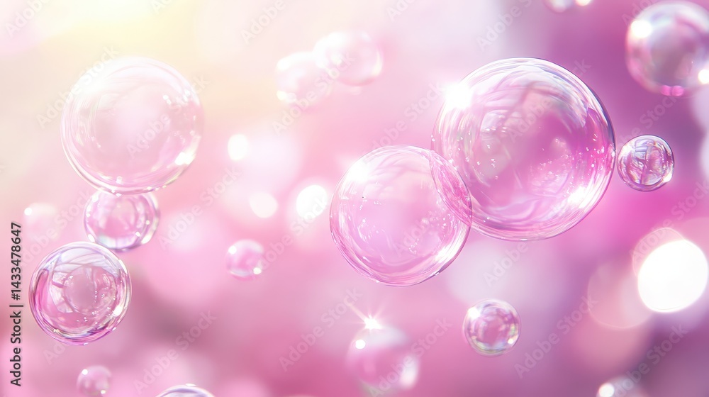 Poster a gentle pink bubbles background with floating spheres that resemble delicate soap bubbles in sunlig