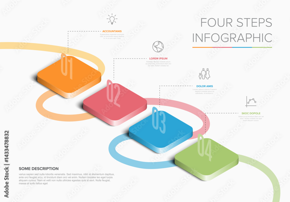 Poster a vibrant four-step infographic featuring colored blocks with step indicators and icons. it provides