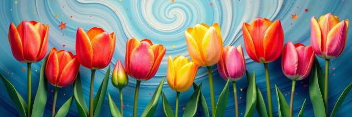 Fototapeta premium Vibrant painted tulips on swirling abstract background, flowers, bouquet