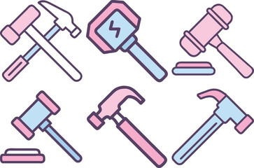 Collection of Colored Hammer and Gavel Icons Isolated on White Background