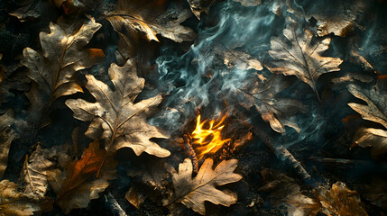 Autumn leaves encircle a small bright flame Smoke rises gently through the foliage creating soft illumination