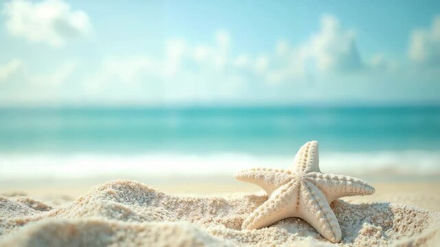 Single starfish resting on warm sand with turquoise sea and sky in the background. Perfect image for vacation, coastal travel, or beach relaxation themes.