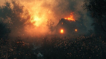 Fototapeta premium Burning House in Misty Forest at Dusk
