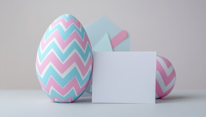 Two pastel pink and blue chevron patterned Easter eggs with a blank white card and a blue envelope in the background