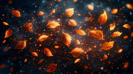 Glowing autumn leaves float against a dark sparkling background