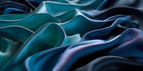 Fototapeta premium Abstract image of blue silk fabric, draped in soft waves, showcasing texture and light play, symbolizing elegance, luxury, and smoothness