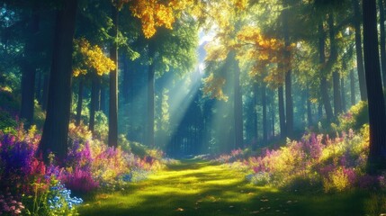 Fototapeta premium Sunlit forest path, vibrant flowers