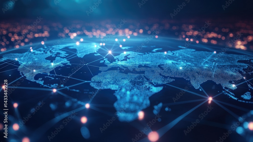 Poster a global network of interconnected data points forming a digital map of the world, symbolizing inter