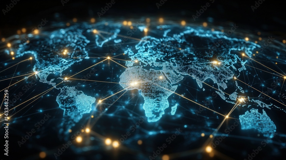 Poster a global network of interconnected data points forming a digital map of the world, symbolizing inter