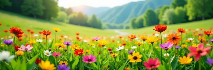 Fototapeta premium Colorful blooming flowers in meadow by the roadside, sunny, idyllic