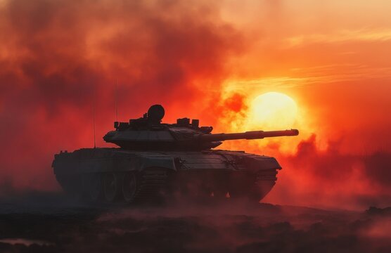 Tank silhouette against a vibrant sunset with dramatic smoke and colors in a battlefield setting