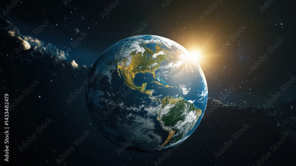 Poster a globe-themed world map with realistic earth textures, floating in space with a sunlit glow