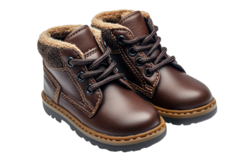 Adorable brown leather baby boots with warm fur lining perfect for winter adventures detailed studio on transparent background