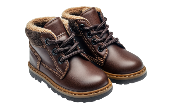 Adorable brown leather baby boots with warm fur lining perfect for winter adventures detailed studio on transparent background