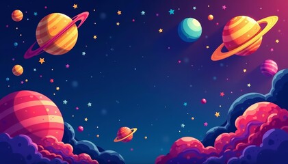 Naklejka premium Colorful cartoon planets and stars background in retro pixel art style, galaxy, space