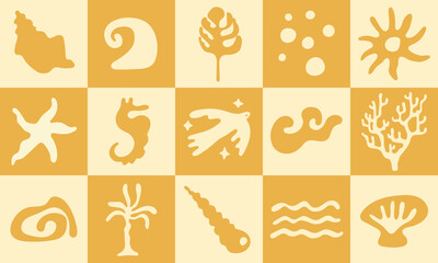 Vector design elements set of summer holiday vibes for prints templates - simple hand drawn linocut style. Wavy and groovy shapes for packaging, prints, social media, surface design 
