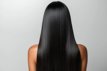 Fototapeta premium Long straight hair flowing gracefully from a woman's shoulders against a pristine white background, capturing elegance and beauty in simplicity
