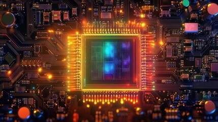 High-tech Circuit Board with Digital Neon Glow