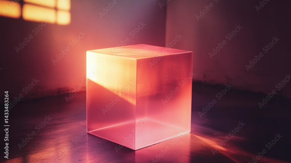 Aufkleber illuminated geometric cube casting shadows on a reflective surface