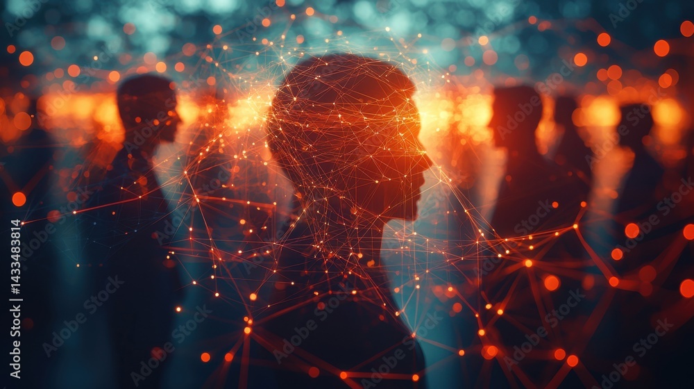 Poster silhouette of a person with glowing network lines symbolizing connection and ideas.