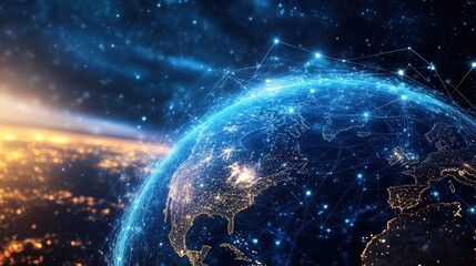 Obraz premium Earth with intricate fiber-optic-style connections weaving across its surface, symbolizing digital globalization