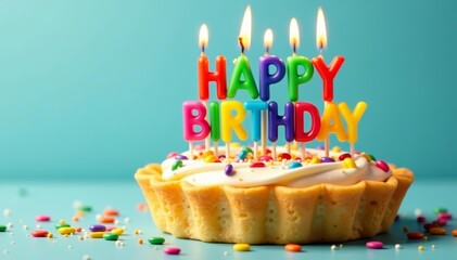 Colorful happy birthday candles on a delicious tompouce pastry, cake, celebration