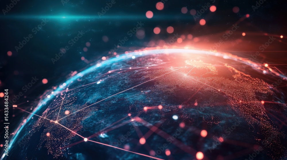 Poster globe with interconnected big data nodes, illustrating the global impact of digital information.