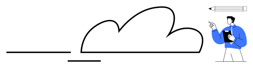 Cloud outline paired with a man holding a clipboard, analyzing and pointing, with a large pencil above. Ideal for brainstorming, innovation, planning, cloud technology, organization, teamwork flat