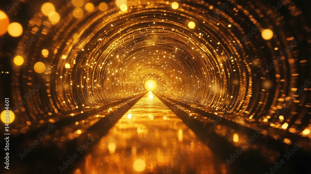 Poster a glowing gold light tunnel extending into the distance, creating depth and dimension