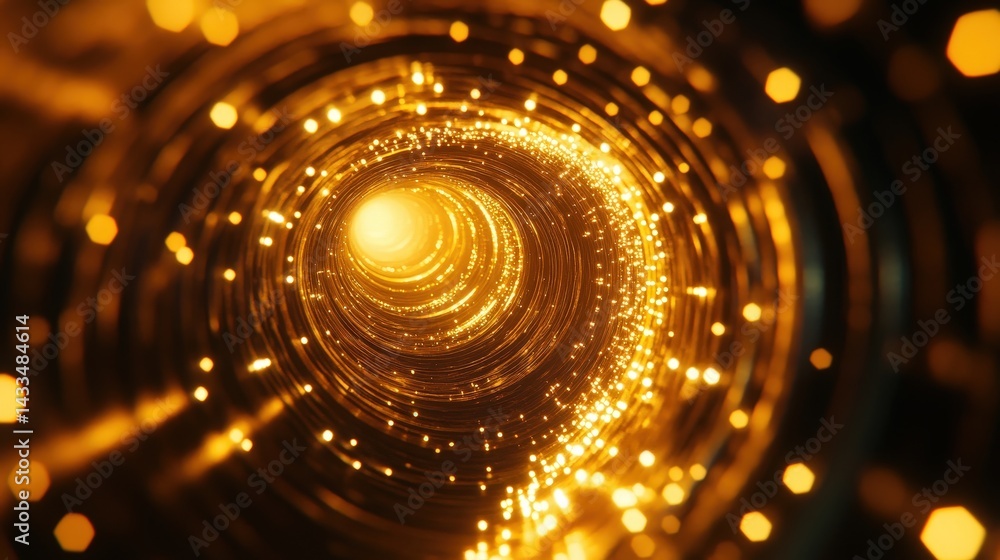 Poster a glowing gold light tunnel extending into the distance, creating depth and dimension