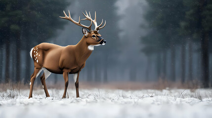 Obraz premium Majestic Deer Standing Alone In Snowy Field With Forest Background During Winter Scene