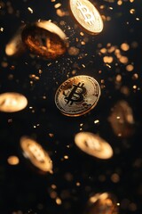 Multiple gold-colored Bitcoin coins falling against a dark background with a bokeh effect