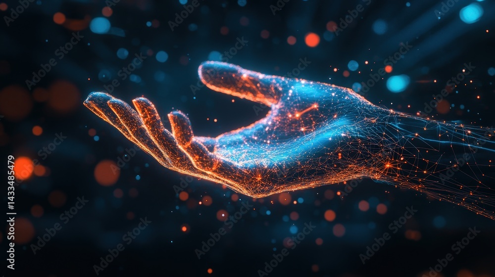 Poster a glowing holographic ai hand, composed of light and digital particles, floating in a futuristic set