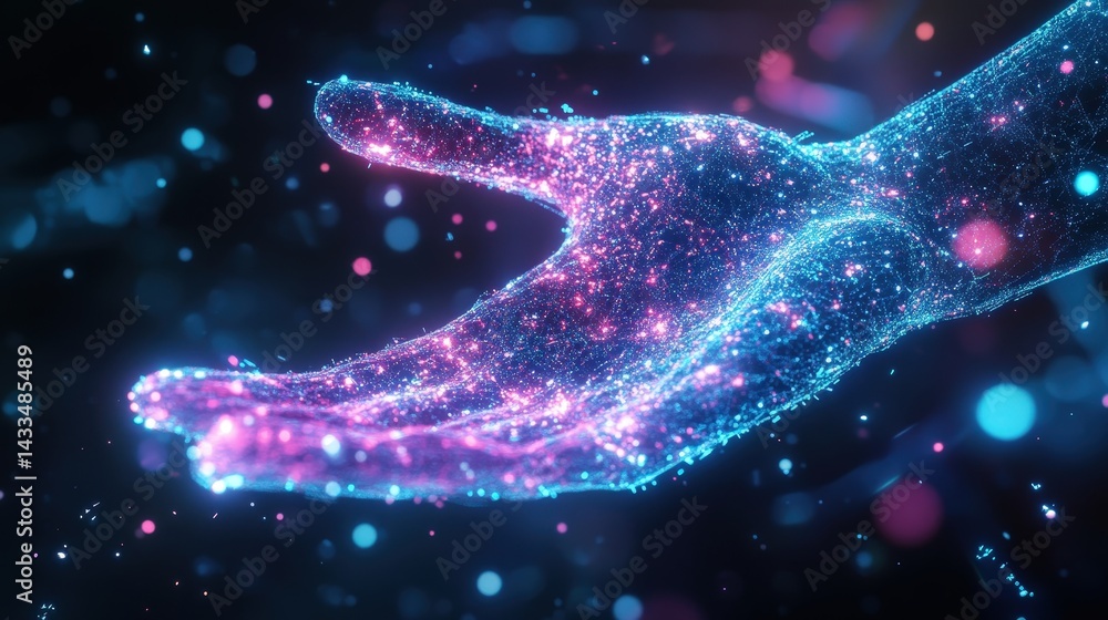 Poster a glowing holographic ai hand, composed of light and digital particles, floating in a futuristic set