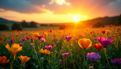 Obraz premium Colorful wildflowers illuminated by setting sun, wildflowers, sunset