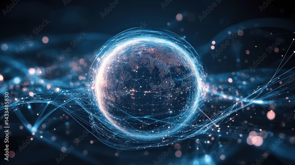 Wall mural a glowing sphere surrounded by flowing data streams, symbolizing global digital connectivity