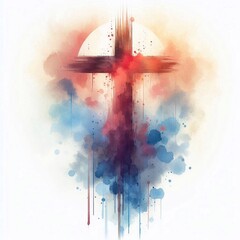 Watercolor paint Cross – Christian Hope and Resurrection Concept. AI generated illustration