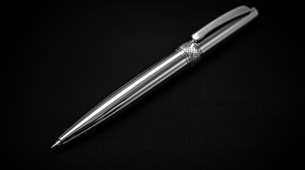A close up shot of a silver pen on a black surface