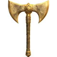 A golden double bladed axe with intricate carvings and a detailed handle on a black background