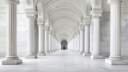 White colonnaded hallway, classical architecture, empty space, interior, ideal for backgrounds, stock photo