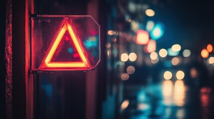 A brightly lit neon triangle sign at night time