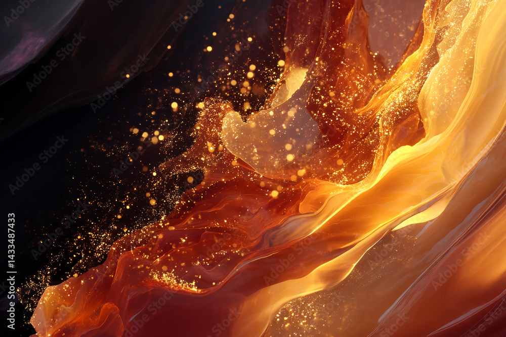 Poster abstract image of flowing amber and gold liquid with golden sparkles, creating a luxurious and dynam