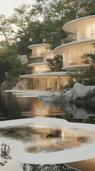 Naklejka premium Modern circular house nestled in lush forest reflecting in tranquil pond