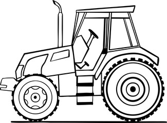 Vector tractor, hand drawn illustration in doddle style outline, isolated in white background. Farming, agriculture, vehicle.
