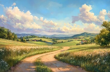 Charming countryside dirt road in early morning light