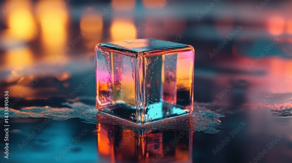 Poster a colorful translucent cube reflects light on a wet surface
