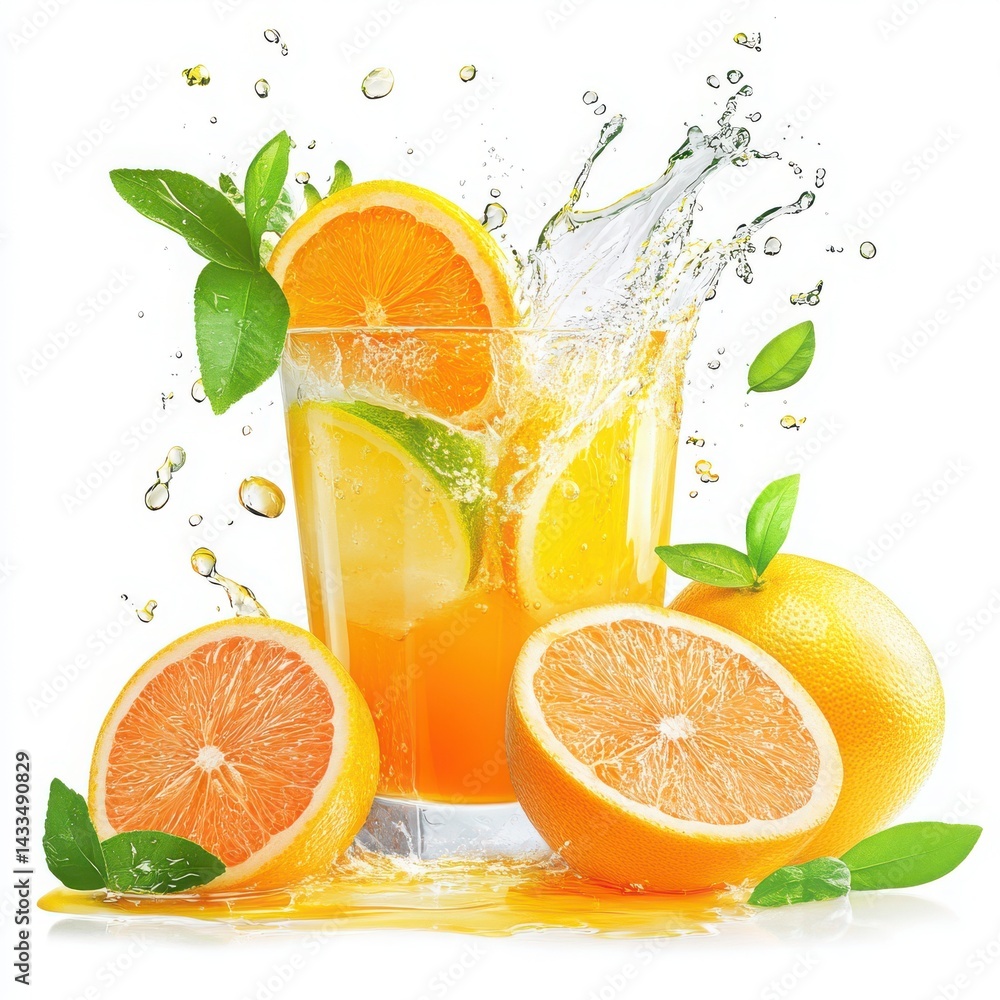 Poster isolated combo of vibrant citrus slices and splashed juice on white.