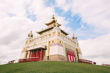 Khurul in Elista, a vibrant symbol of Buddhism, reflects cultural essence and spirituality, perfect for stock photography.